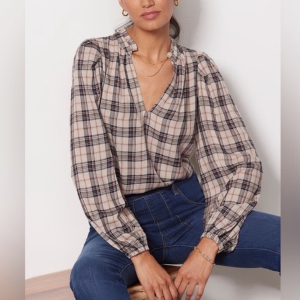 Evereve Plaid Ruffle Flowy V Neck Peasant Boho Puff Sleeve Skyler Prairie Top XS